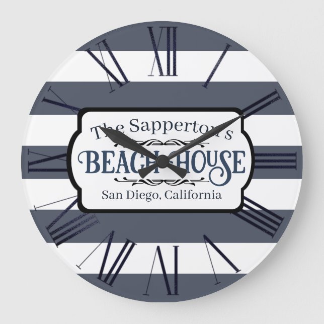 Custom Name Beach House Nautical Stripes Large Clock (Front)