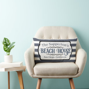 Custom Name Beach House Nautical Stripes Lumbar Cushion