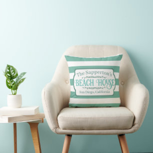 Custom Name Beach House Teal Stripes Cushion