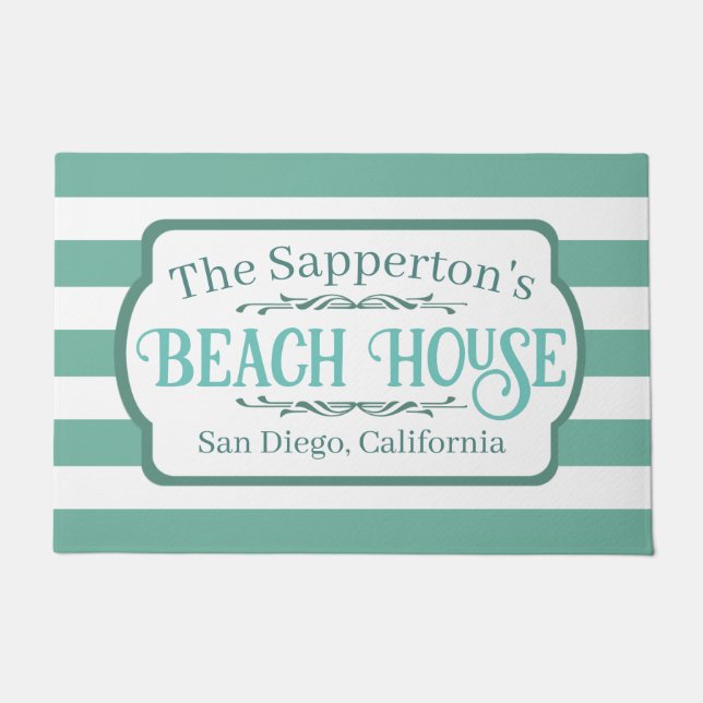 Custom Name Beach House Teal Stripes Doormat (Front)