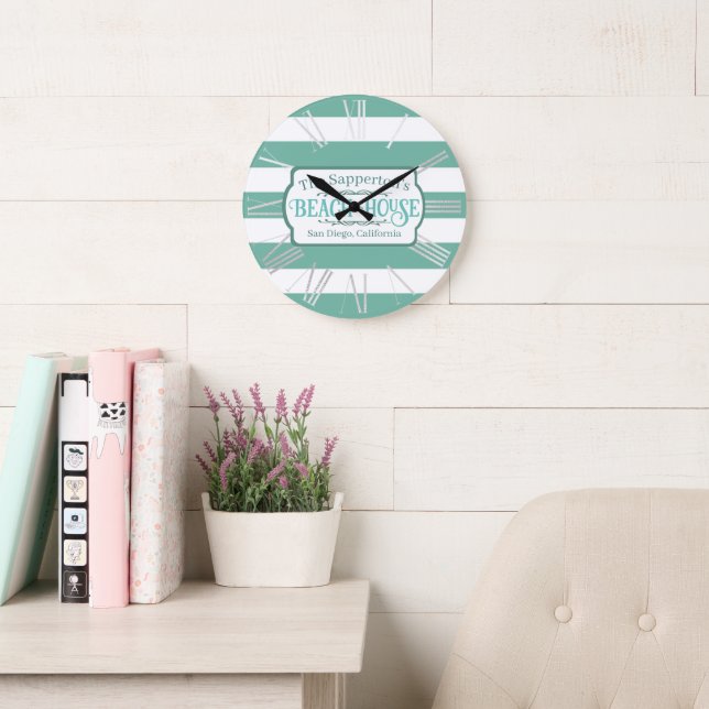 Custom Name Beach House Teal Stripes Large Clock (Reading Room)
