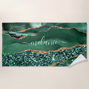 Custom Name Beach Towel Agate Green Glitter Marble