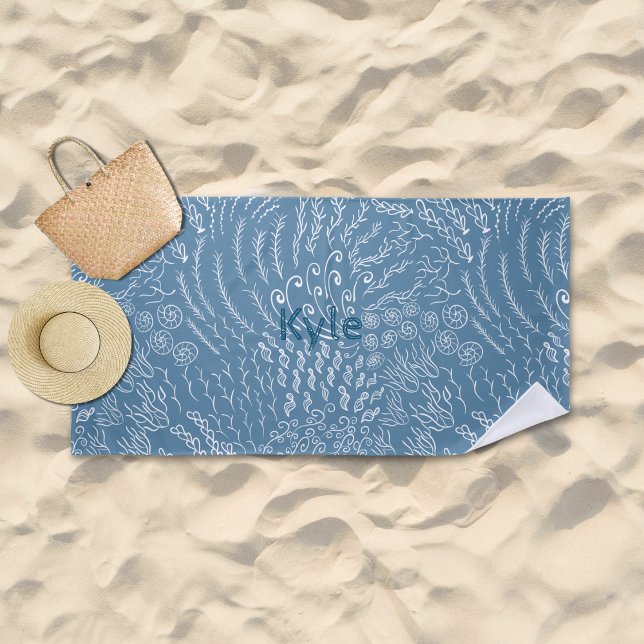 Custom Name Beach Towel –Sea Shell & Coral Print (Dark Blue Ocean Scene Beach Towel)