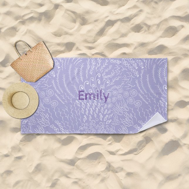 Custom Name Beach Towel –Sea Shell & Coral Print (Purple Ocean Scene Beach Towel)