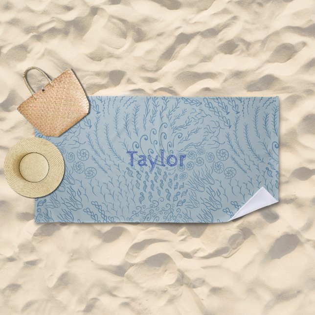 Custom Name Beach Towel–Sea Shell & Coral Print Towel (Blue Ocean Scene Beach Towel)