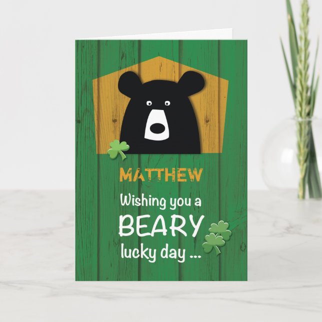 Custom Name, Bear & Shamrocks on St. Patrick's Day Card (Front)