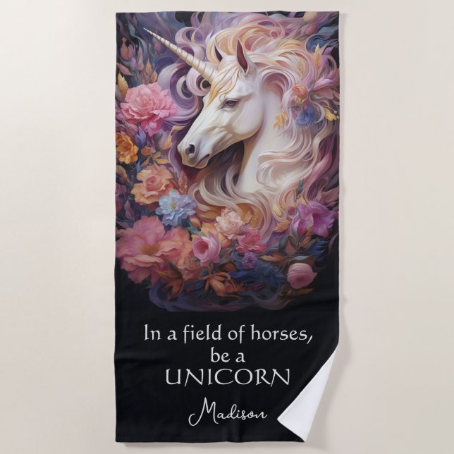 Custom Name Beautiful Unicorn Beach Towel (Front)