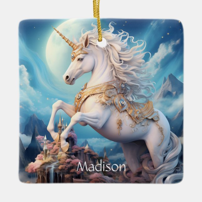 Custom Name Beautiful Unicorn Ceramic Ornament (Front)