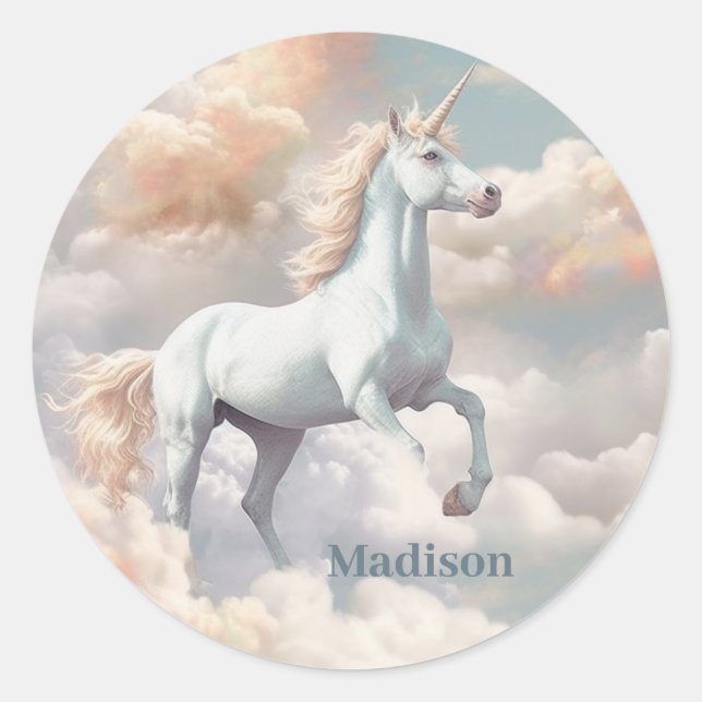 Custom Name Beautiful Unicorn Classic Round Sticker (Front)