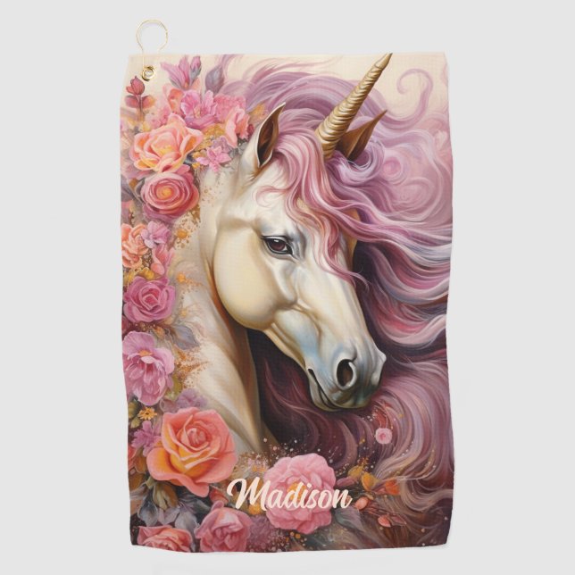 Custom Name Beautiful Unicorn Golf Towel (Front)