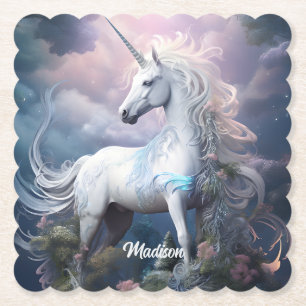 Custom Name Beautiful Unicorn Paper Coaster