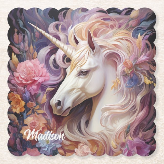 Custom Name Beautiful Unicorn Paper Coaster (Front)