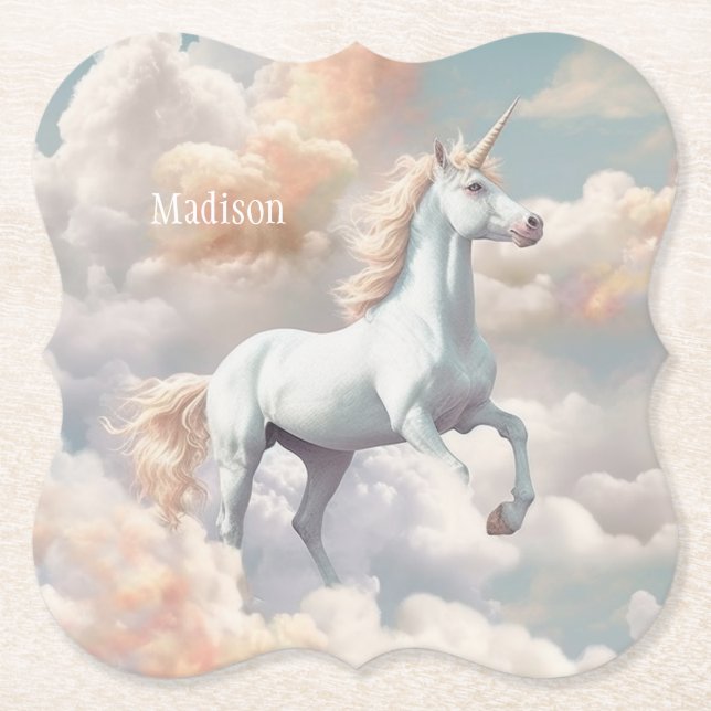 Custom Name Beautiful Unicorn Paper Coaster (Front)
