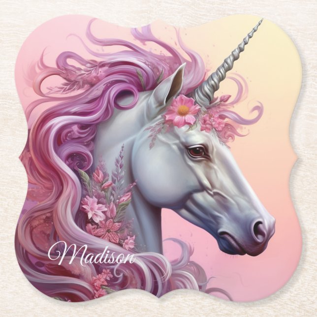 Custom Name Beautiful Unicorn Paper Coaster (Front)