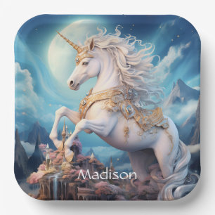 Custom Name Beautiful Unicorn Paper Plate