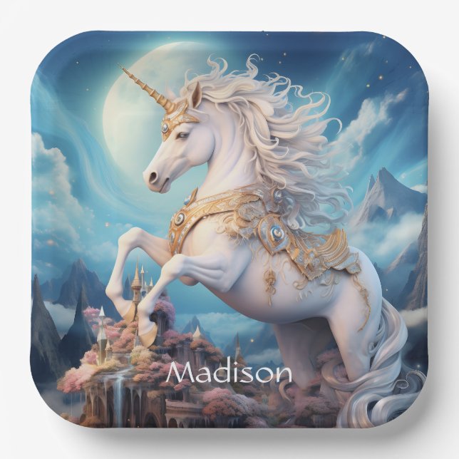 Custom Name Beautiful Unicorn Paper Plate (Front)