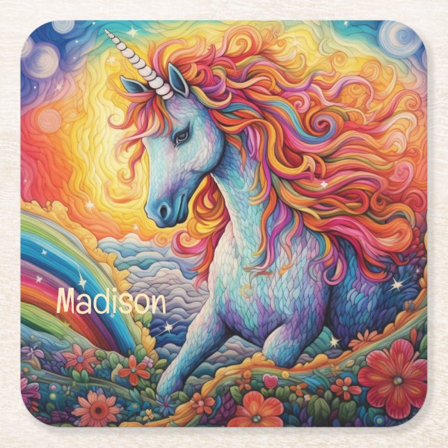 Custom Name Beautiful Unicorn Square Paper Coaster (Front)