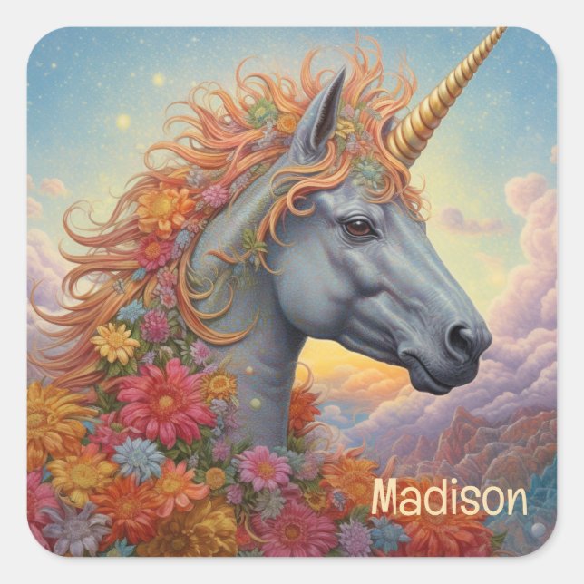 Custom Name Beautiful Unicorn Square Sticker (Front)