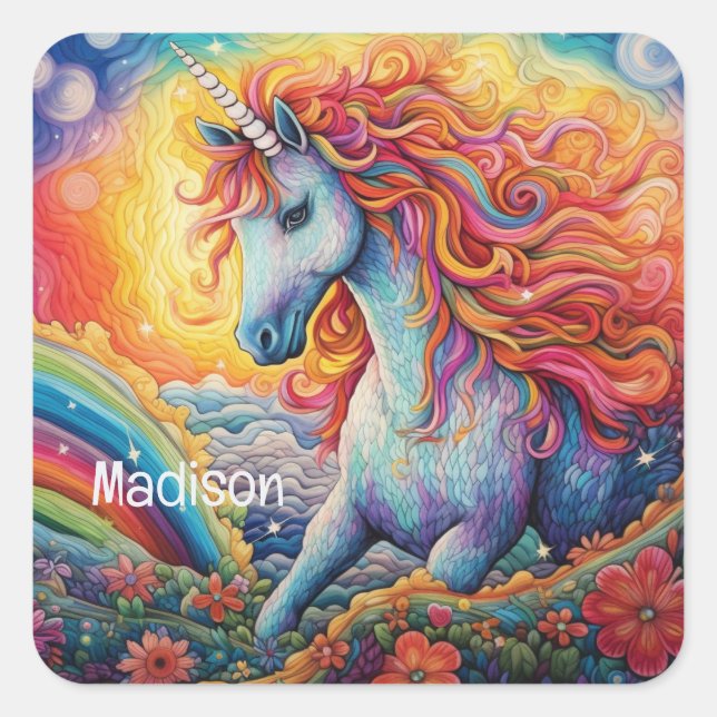 Custom Name Beautiful Unicorn Square Sticker (Front)