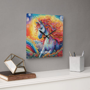 Custom Name Beautiful Unicorn Square Wall Clock