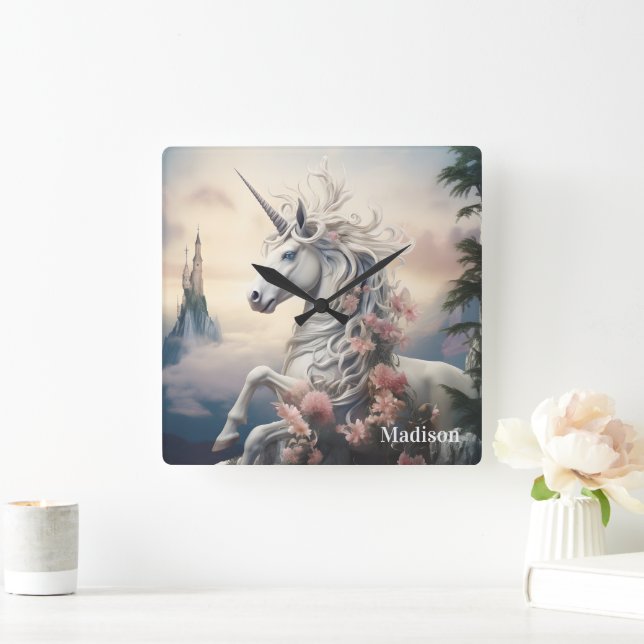 Custom Name Beautiful Unicorn Square Wall Clock (Home)