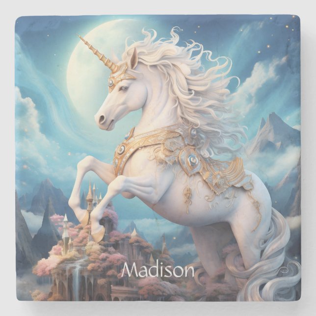 Custom Name Beautiful Unicorn Stone Coaster (Front)
