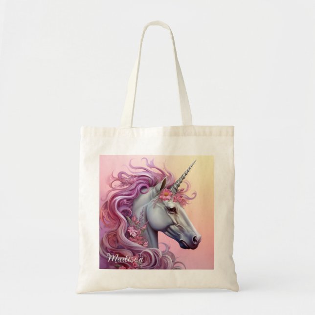 Custom Name Beautiful Unicorn Tote Bag (Front)