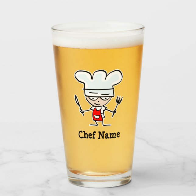 Custom name beer glass gift with chef cartoon (Front Filled)