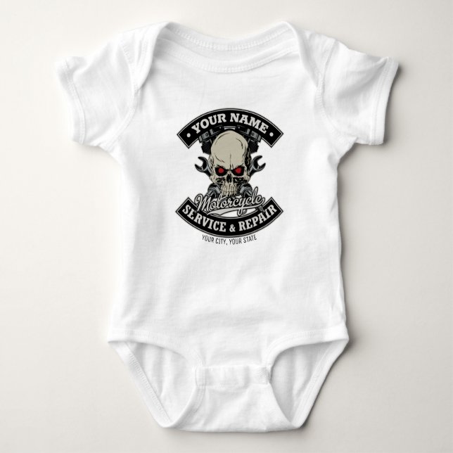 Custom NAME Biker Mechanic Skull Motorcycle Garage Baby Bodysuit (Front)