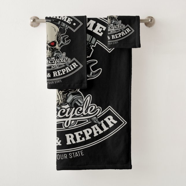 Custom NAME Biker Mechanic Skull Motorcycle Garage Bath Towel Set (Insitu)