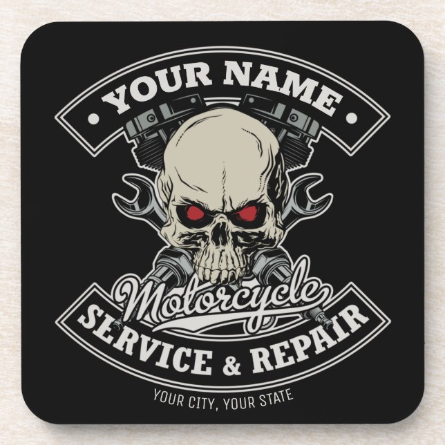 Custom NAME Biker Mechanic Skull Motorcycle Garage Coaster (Front)