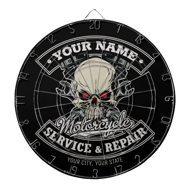 Custom NAME Biker Mechanic Skull Motorcycle Garage Dartboard (Front)