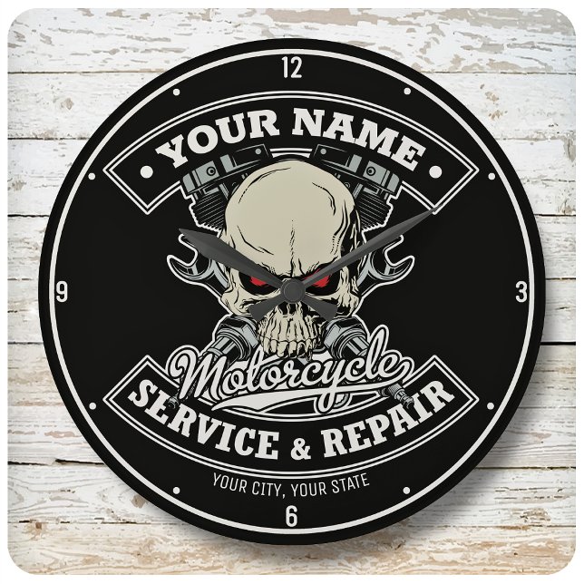 Custom NAME Biker Mechanic Skull Motorcycle Garage Large Clock (Creator Uploaded)