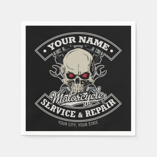 Custom NAME Biker Mechanic Skull Motorcycle Garage Napkin (Front)