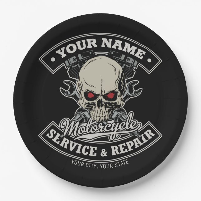Custom NAME Biker Mechanic Skull Motorcycle Garage Paper Plate (Front)