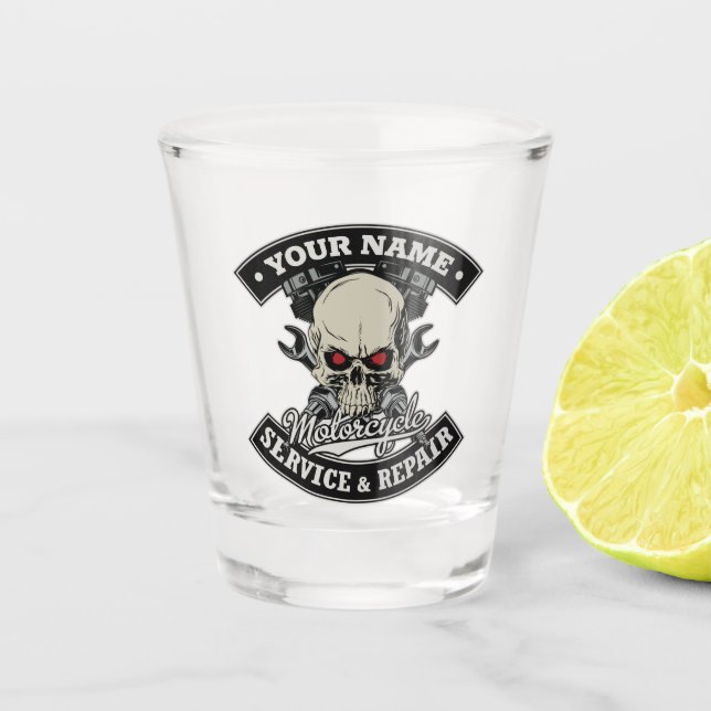 Custom NAME Biker Mechanic Skull Motorcycle Garage Shot Glass (Front)