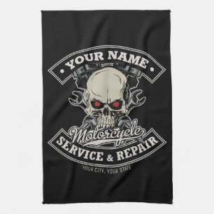 Custom NAME Biker Mechanic Skull Motorcycle Garage Tea Towel