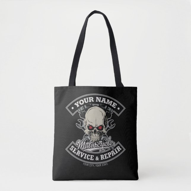 Custom NAME Biker Mechanic Skull Motorcycle Garage Tote Bag (Front)
