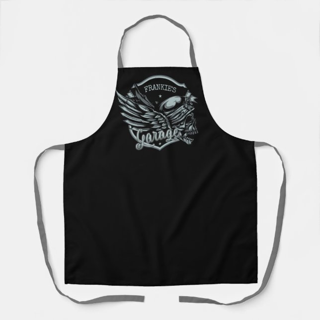 Custom NAME Biker Skull Wings Motorcycle Garage Apron (Front)