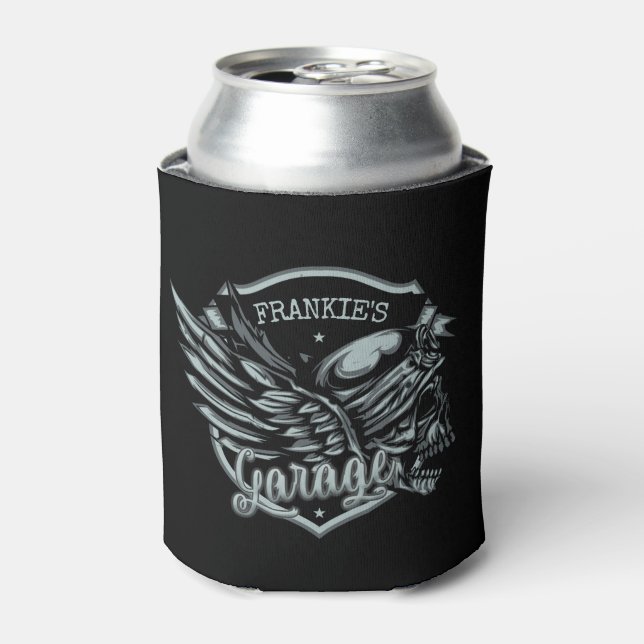 Custom NAME Biker Skull Wings Motorcycle Garage Can Cooler (Can Front)
