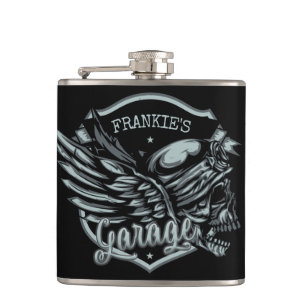 Custom NAME Biker Skull Wings Motorcycle Garage Hip Flask