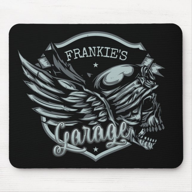 Custom NAME Biker Skull Wings Motorcycle Garage Mouse Pad (Front)
