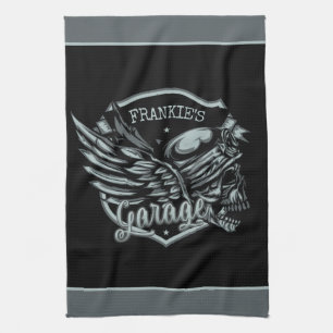 Custom NAME Biker Skull Wings Motorcycle Garage Tea Towel