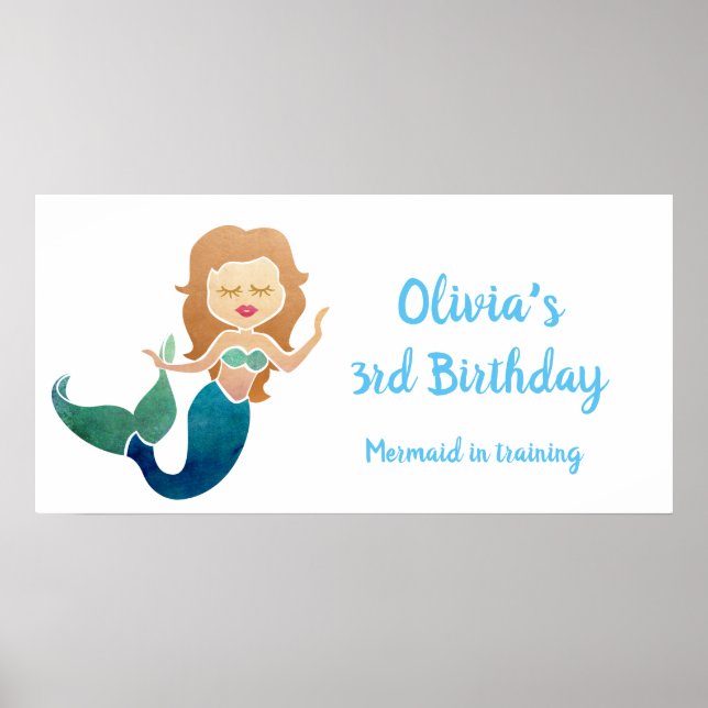 Custom Name & Birthday Cute Mermaid in Training Poster (Front)