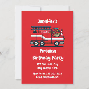 Custom Name Birthday Fireman Fire Truck Party Invitation