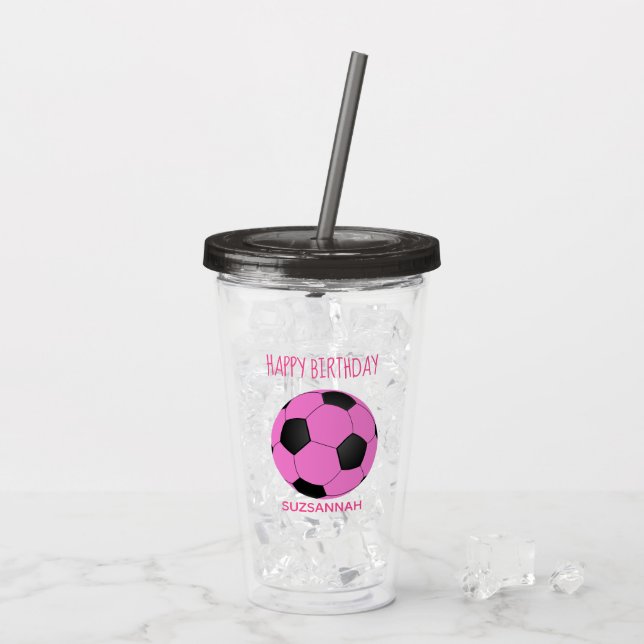 Custom Name Birthday Girly Pink Black Soccer Ball Acrylic Tumbler (Back Ice)