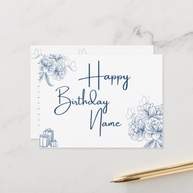 Custom Name Birthday Greeting - Floral & Butterfly Postcard (Front/Back In Situ)