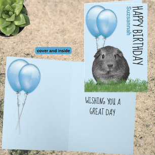 Custom Name Birthday Guinea Pig Blue Balloons Card