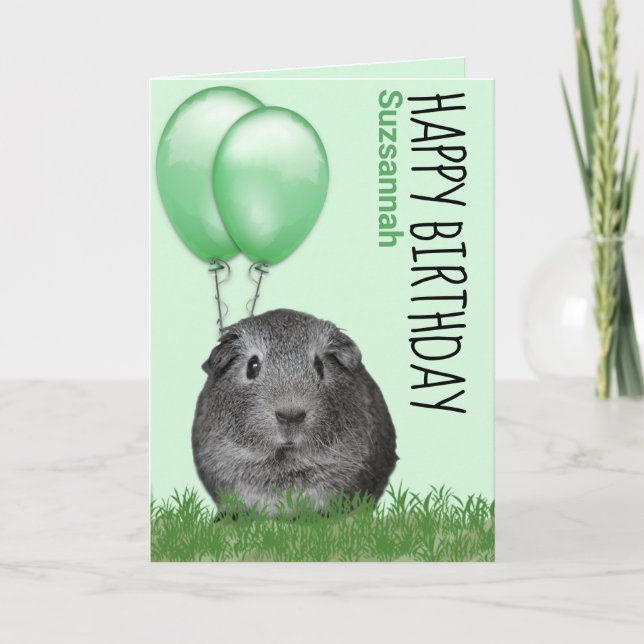 Custom Name Birthday Guinea Pig Green Balloons Card (Front)