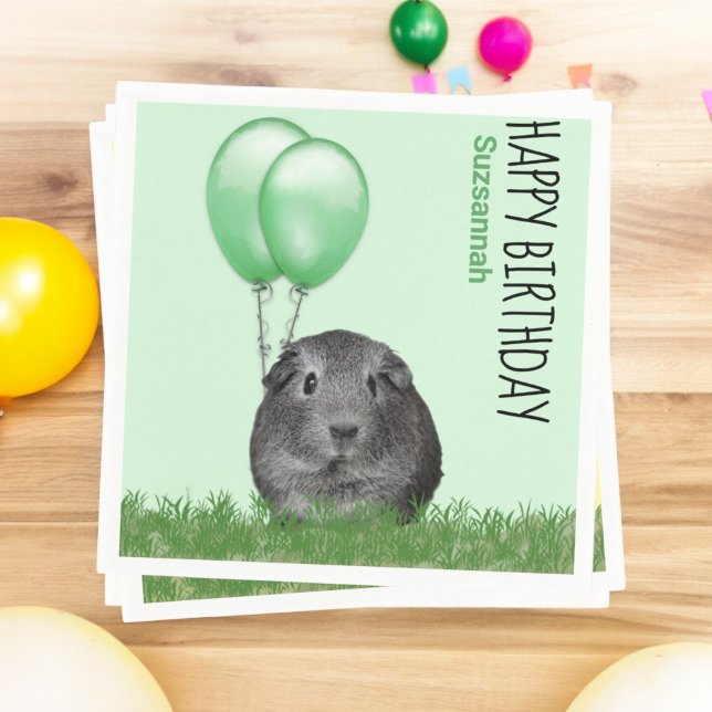 Custom Name Birthday Guinea Pig Green Balloons Napkin (Creator Uploaded)
